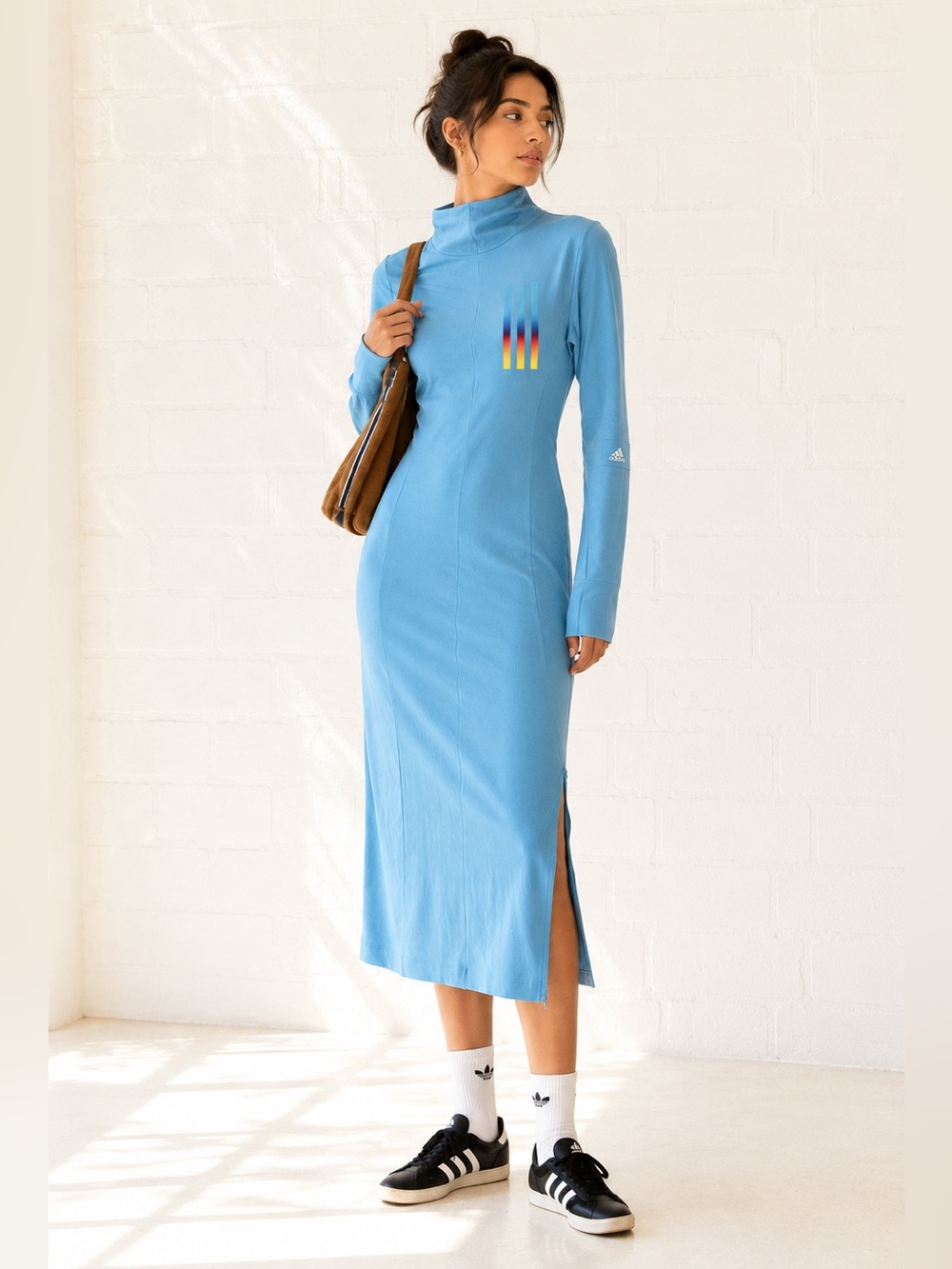 adidas Mock Neck Performance Midi Dress Side Slits Blue Size XS